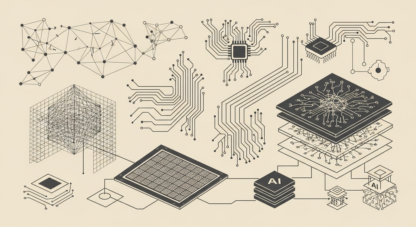 Graphic showing data, compute, and AI systems as layered technical diagrams